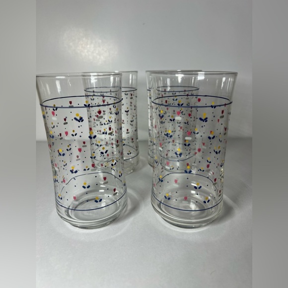 Lot of 4 VTG Sango Country Borders 12oz Glass Tumblers Mini Tulips Dots - Picture 3 of 10